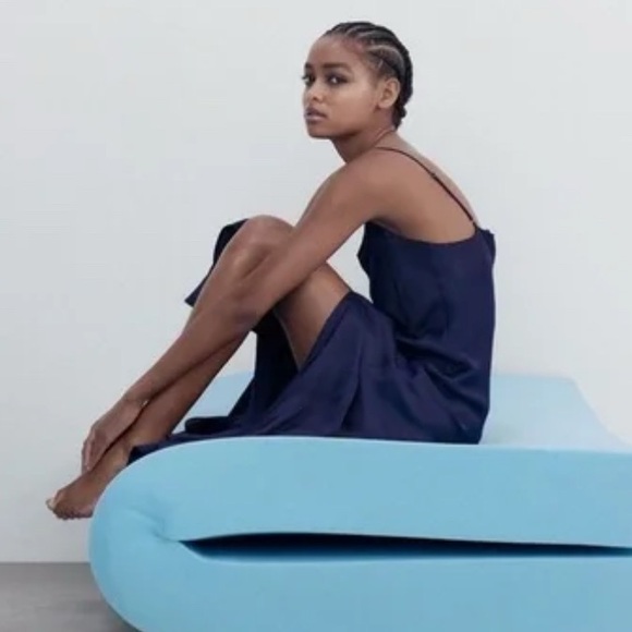 Zara Deep Blue/Navy Satin Midi Dress Sz S - Picture 5 of 8